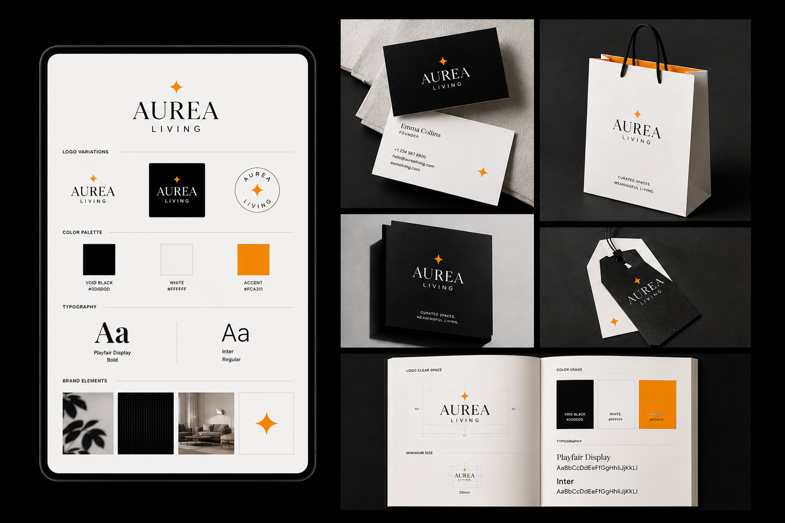 Brand identity deliverables showing logo variations and color palette