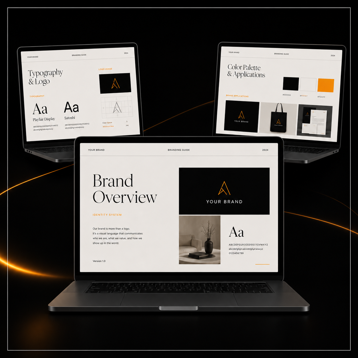 Brand identity design system showing logo, colors, and typography on desk